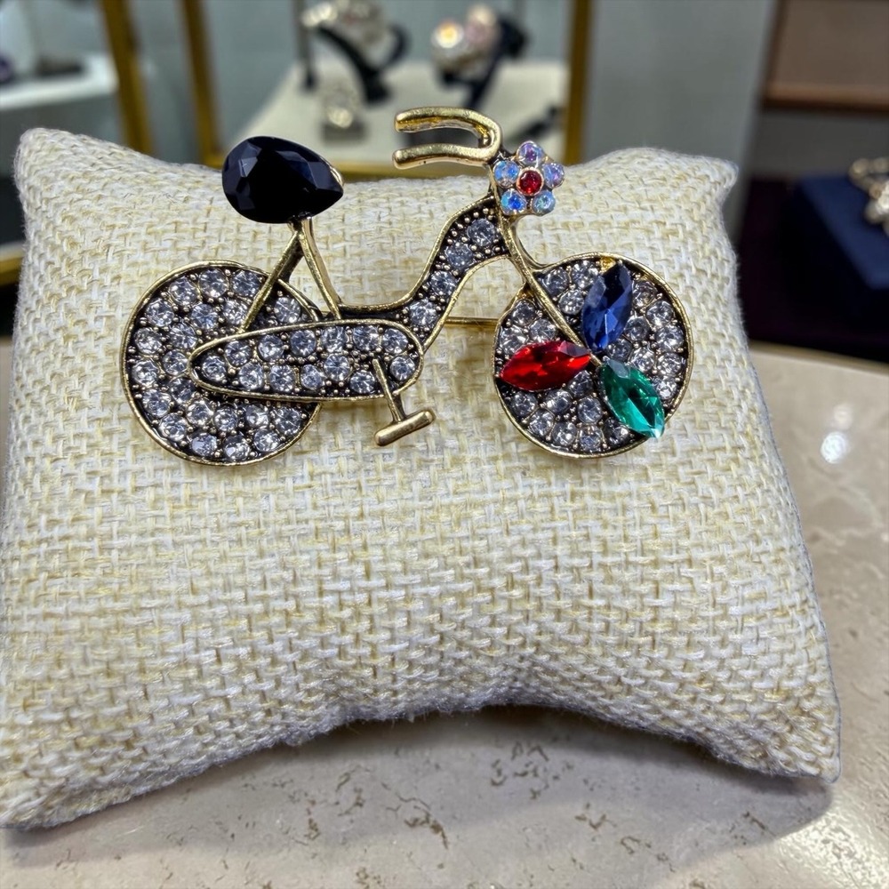 Rhinestone Bicycle Brooch Gold Tone Multicolor Crystal Whimsical Bike Pin 2 Inch